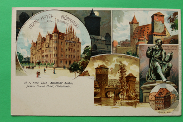 AK Nürnberg / 1906 / Litho / Grand Hotel Carl Schnorr Christiana / Henkersteg Burg Hans Sachs Denkmal Dürer Haus